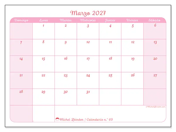 Calendario de marzo de 2027 para imprimir - Organización en suavidad - Semana: de domingo a sábado