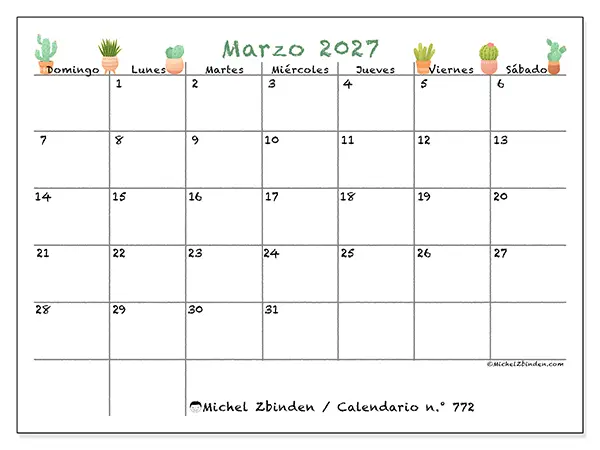 Calendario de marzo de 2027 para imprimir - Cactus decorativos - Semana: de domingo a sábado