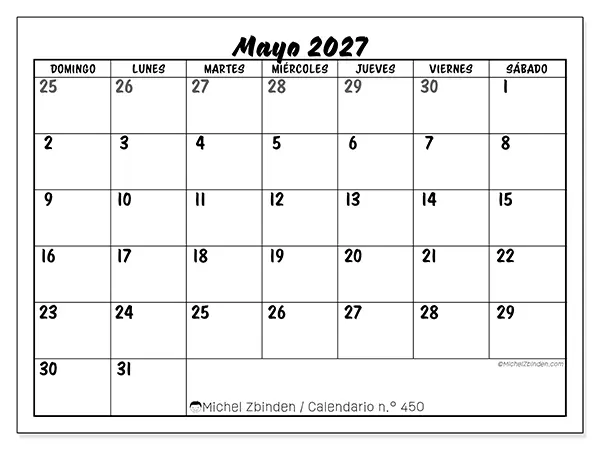 Calendario de mayo de 2027 para imprimir - Organización detallada - Semana: de domingo a sábado