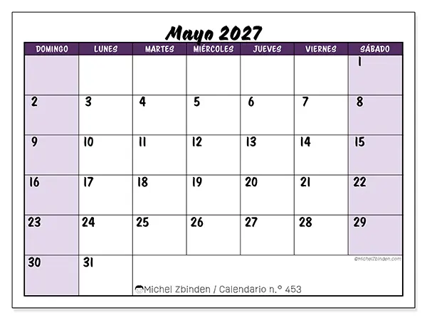 Calendario de mayo de 2027 para imprimir - Eficiencia colorida - Semana: de domingo a sábado