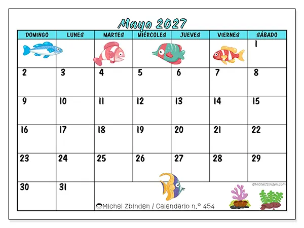 Calendario de mayo de 2027 para imprimir - Peces coloridos - Semana: de domingo a sábado