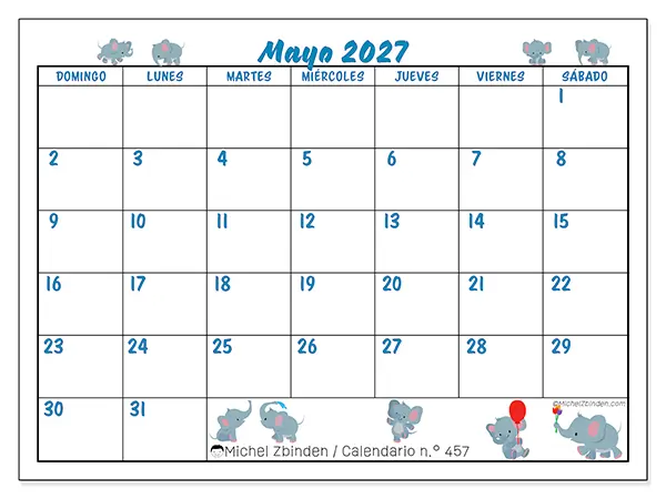 Calendario de mayo de 2027 para imprimir - Pequeños elefantes - Semana: de domingo a sábado