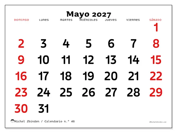 Calendario de mayo de 2027 para imprimir - Visión clara - Semana: de domingo a sábado