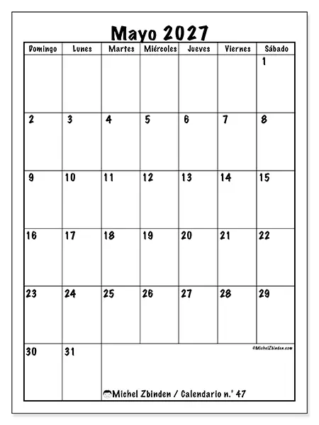 Calendario de mayo de 2027 para imprimir - Planificación eficiente - Semana: de domingo a sábado