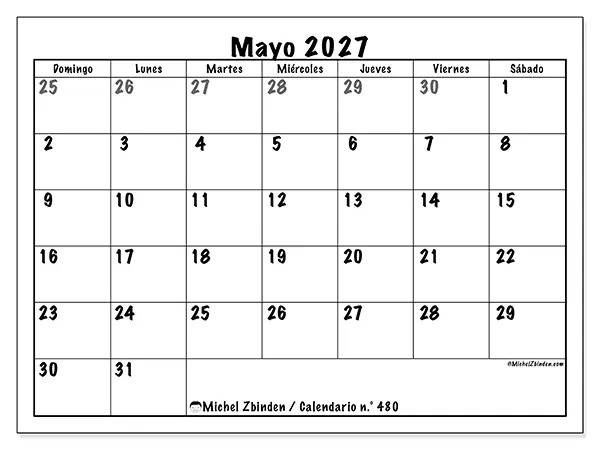 Calendario de mayo de 2027 para imprimir - Planificación completa - Semana: de domingo a sábado