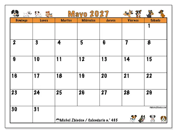 Calendario de mayo de 2027 para imprimir - Perros entusiastas - Semana: de domingo a sábado