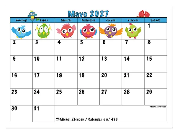 Calendario de mayo de 2027 para imprimir - Pájaros divertidos - Semana: de domingo a sábado