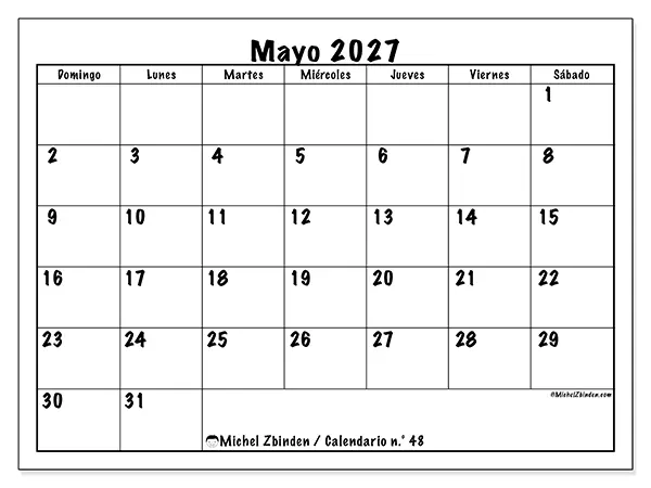 Calendario de mayo de 2027 para imprimir - Eficiencia diaria - Semana: de domingo a sábado