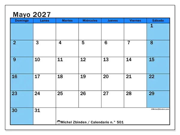 Calendario de mayo de 2027 para imprimir - Estudios dinámicos - Semana: de domingo a sábado