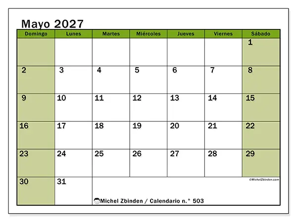Calendario de mayo de 2027 para imprimir - Organización viva - Semana: de domingo a sábado