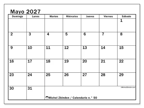 Calendario de mayo de 2027 para imprimir - Planificación óptima - Semana: de domingo a sábado