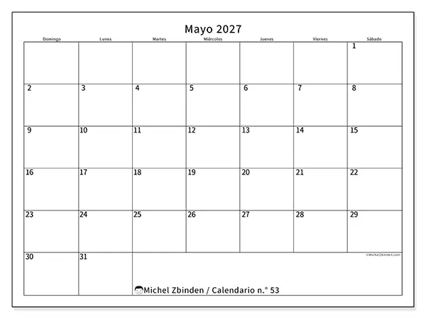 Calendario de mayo de 2027 para imprimir - Horario eficiente - Semana: de domingo a sábado