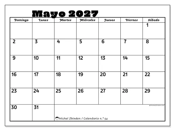 Calendario de mayo de 2027 para imprimir - Actividades en familia - Semana: de domingo a sábado