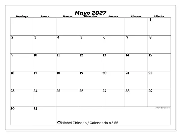 Calendario de mayo de 2027 para imprimir - Organización del ocio - Semana: de domingo a sábado