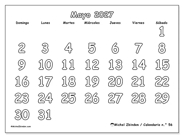 Calendario de mayo de 2027 para imprimir - Colorear útil - Semana: de domingo a sábado