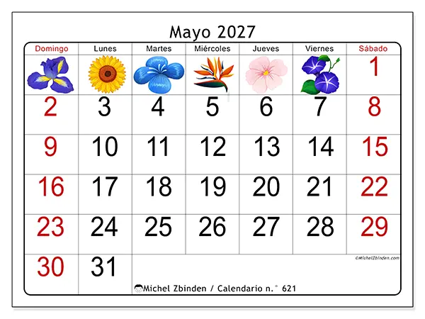 Calendario de mayo de 2027 para imprimir - Flores grandes - Semana: de domingo a sábado