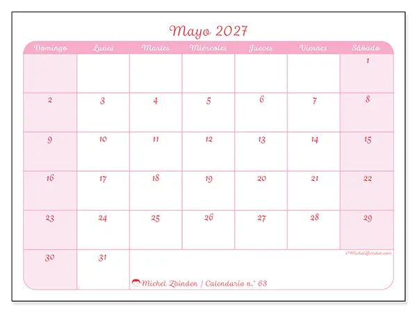 Calendario de mayo de 2027 para imprimir - Organización en suavidad - Semana: de domingo a sábado