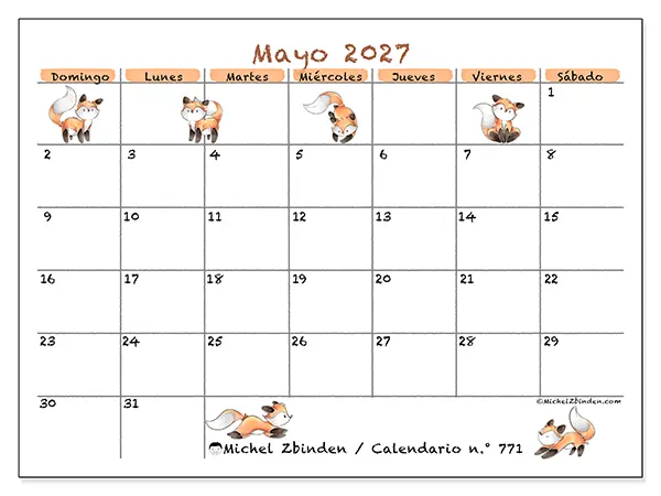 Calendario de mayo de 2027 para imprimir - Dibujos de zorros - Semana: de domingo a sábado