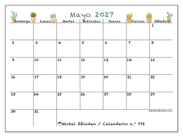 Calendario de mayo de 2027 para imprimir - Cactus decorativos - Semana: de domingo a sábado