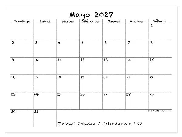 Calendario de mayo de 2027 para imprimir - Escuela y familia - Semana: de domingo a sábado