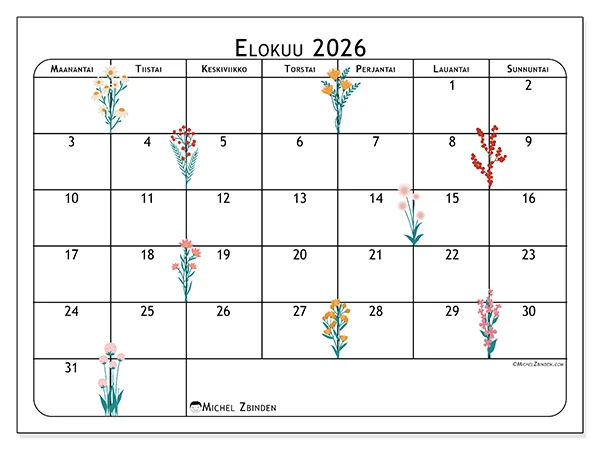 tulostettava kalenteri Elokuu 2026 - Elokuun kukat