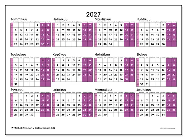 tulostettava Vuosikalenteri 2027 - Dynaaminen toimisto