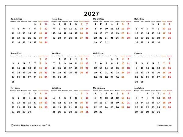 tulostettava Vuosikalenteri 2027 - Viikonloppu korostettu