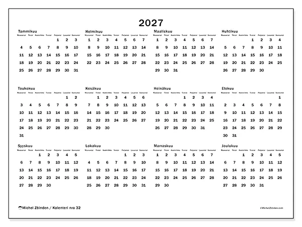 tulostettava Vuosikalenteri 2027 - Vuoden yleiskuva