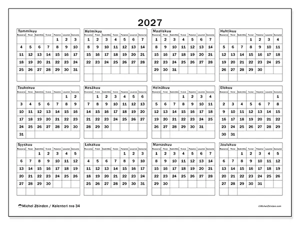 tulostettava Vuosikalenteri 2027 - Loma ja vapaa-aika