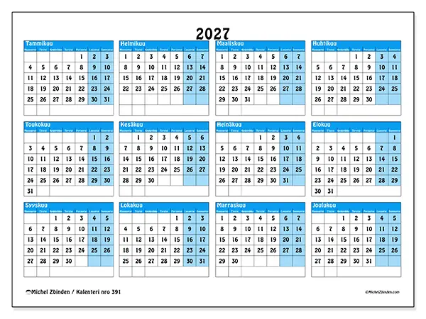 tulostettava Vuosikalenteri 2027 - Siniset sävyt