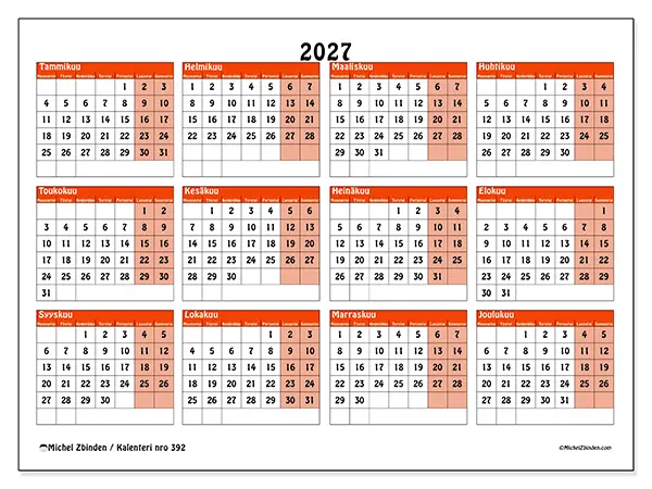 tulostettava Vuosikalenteri 2027 - Värikäs suunnittelu