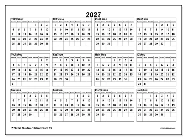 tulostettava Vuosikalenteri 2027 - Koulu ja opinnot