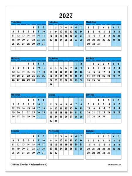 tulostettava Vuosikalenteri 2027 - Värikäs yleiskuva