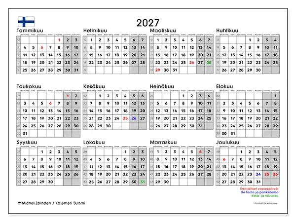 tulostettava Vuosikalenteri 2027 - Suomi