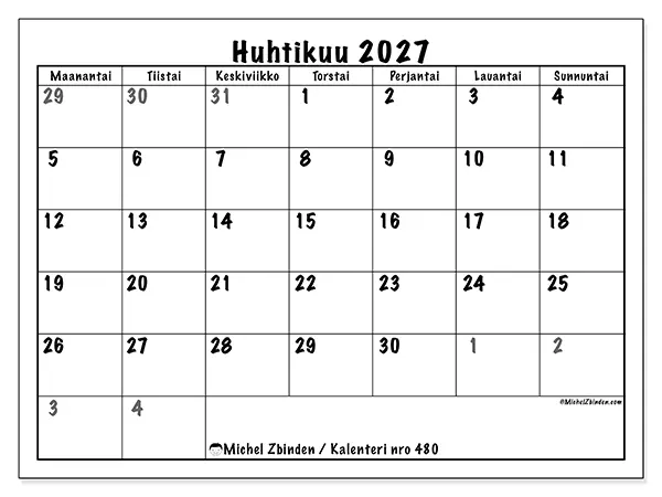 tulostettava kalenteri Huhtikuu 2027 - Kattava suunnittelu