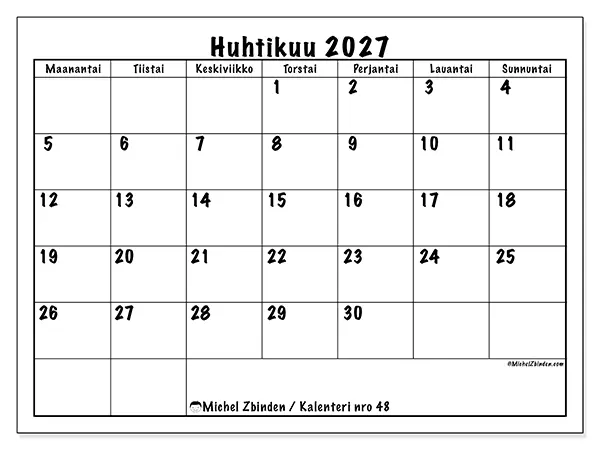 tulostettava kalenteri Huhtikuu 2027 - Arjen suunnittelu