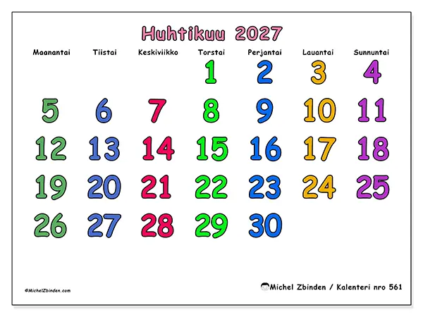tulostettava kalenteri Huhtikuu 2027 - Luovat hetket