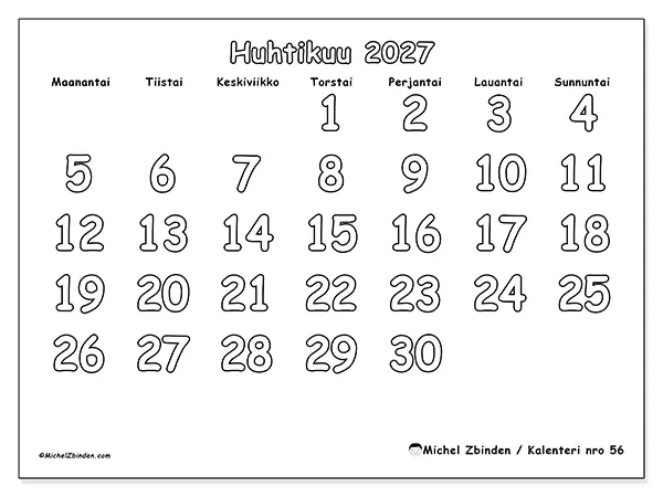 tulostettava kalenteri Huhtikuu 2027 - Hyödyllinen väritys