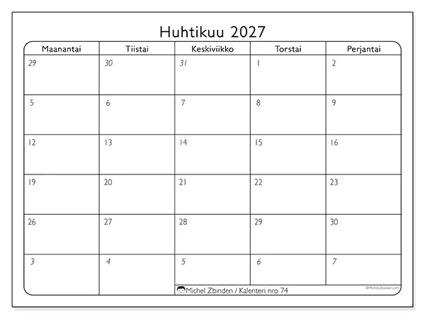 tulostettava kalenteri Huhtikuu 2027 - Työpäivät
