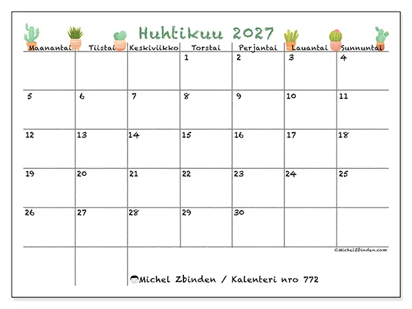 tulostettava kalenteri Huhtikuu 2027 - Koristeelliset kaktukset