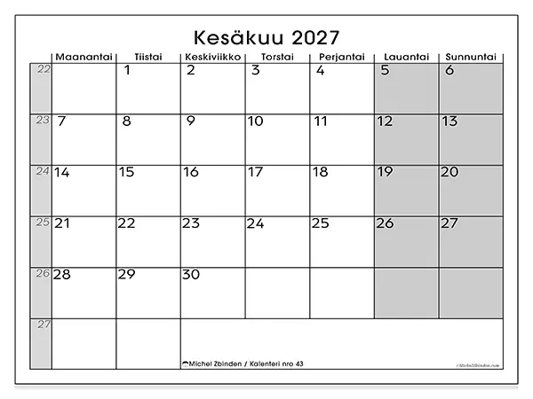 tulostettava kalenteri Kesäkuu 2027 - Selkeä yleiskuva