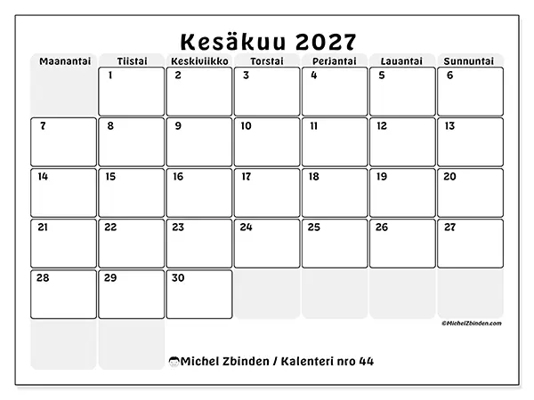 tulostettava kalenteri Kesäkuu 2027 - Rakenteinen suunnittelu