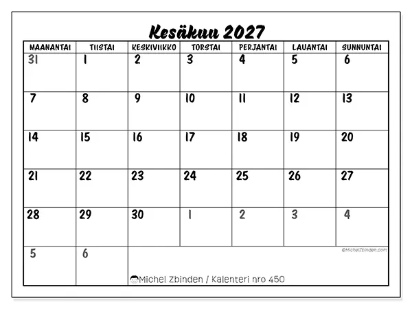 tulostettava kalenteri Kesäkuu 2027 - Yksityiskohtainen malli
