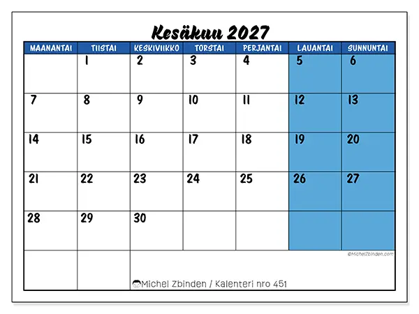 tulostettava kalenteri Kesäkuu 2027 - Sininen yleiskuva