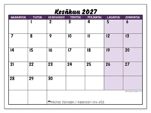 tulostettava kalenteri Kesäkuu 2027 - Värikkäät tehtävät