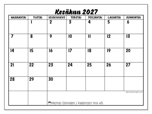 tulostettava kalenteri Kesäkuu 2027 - Koulumenestys