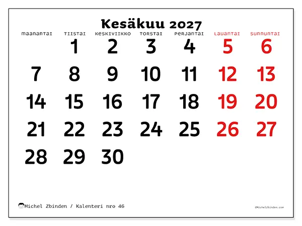 tulostettava kalenteri Kesäkuu 2027 - Selkeä näkymä