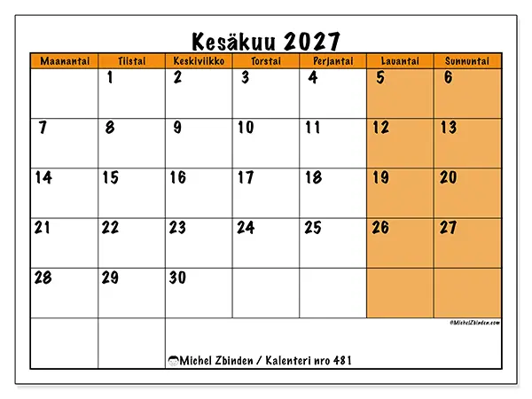 tulostettava kalenteri Kesäkuu 2027 - Dynaaminen suunnittelu