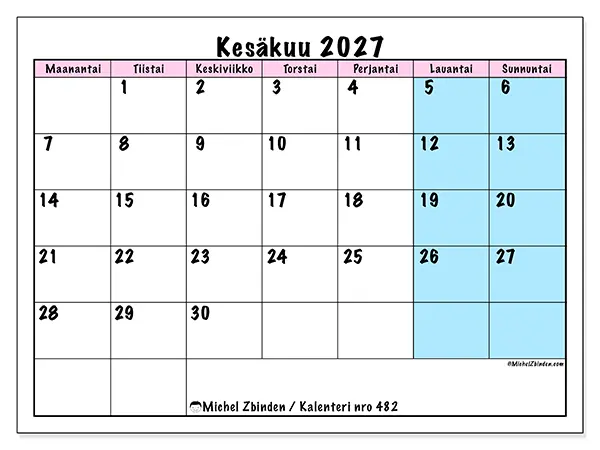 tulostettava kalenteri Kesäkuu 2027 - Tiimin aikataulu