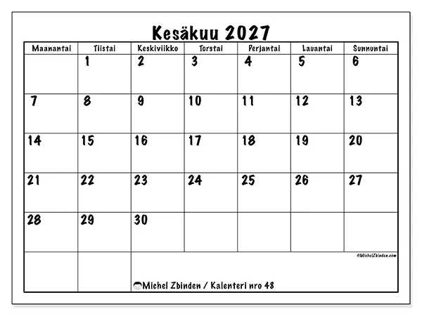 tulostettava kalenteri Kesäkuu 2027 - Arjen suunnittelu